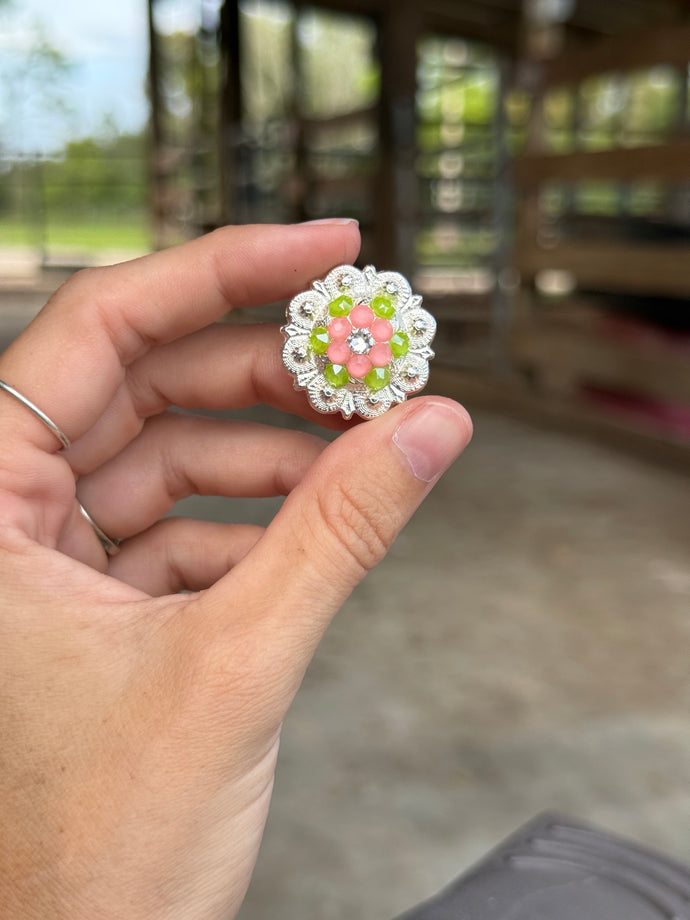 Lime, Coral, & Crystal Berry Round Concho 1”