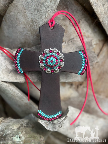 Turquoise & Ruby (Dark Pink) Saddle Cross