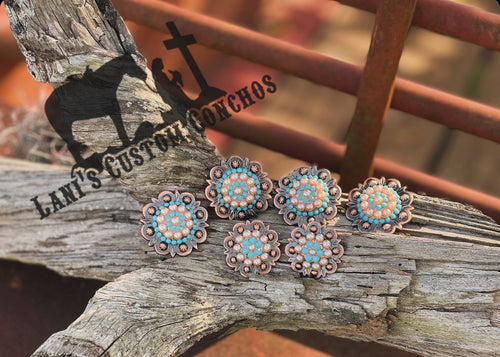 Turquoise & Peach Pearlies Upgraded Saddle Set