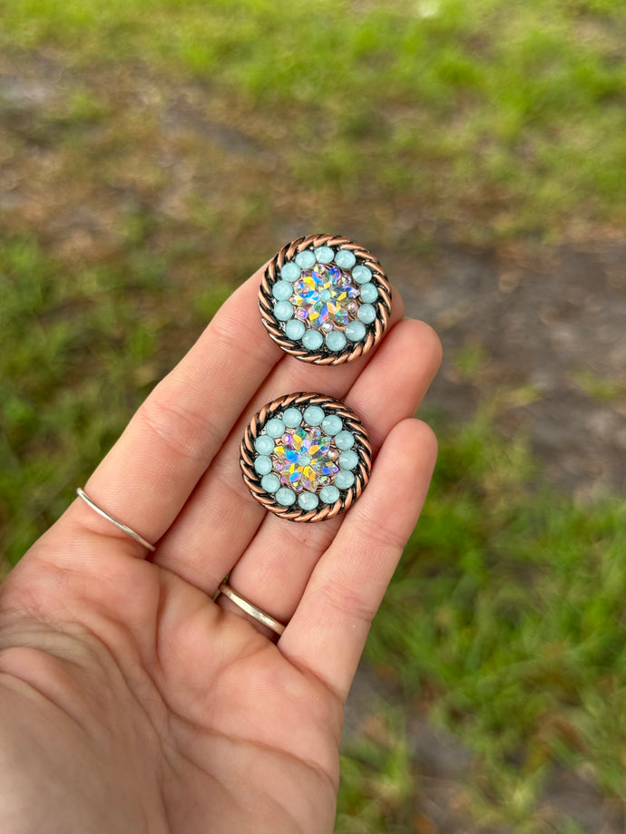 Neon Turquoise & AB Concho 1” (Pair)