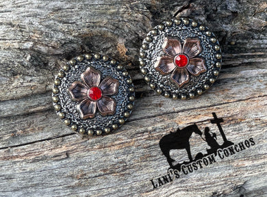 Silver Flower Concho with Red Stone 1 1/4”