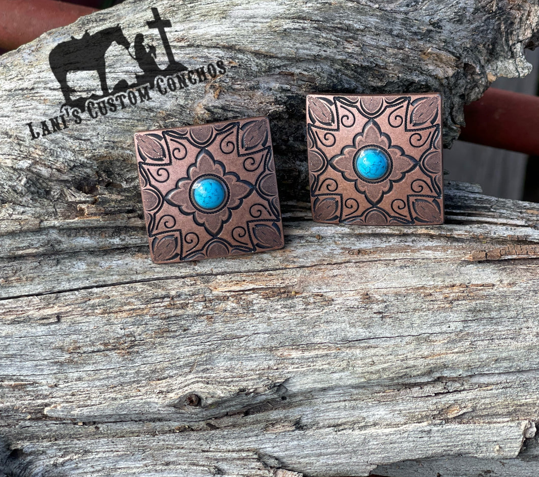 Engraved Copper Turquoise Square Conchos (2)