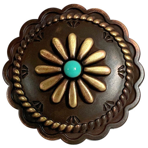 Copper with Turquoise Color Western Rope Edge Scalloped Engraved Round Concho